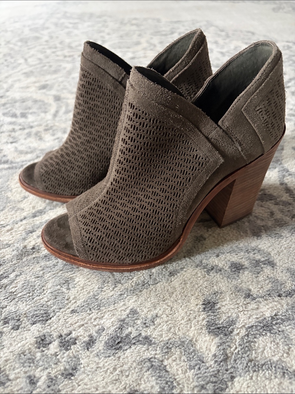 Vince Camuto Taupe Suede Perforated Peep-Toe Block Heel Booties